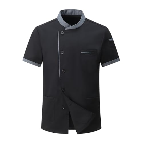 CoXuantion Homme Veste de Chef Professionnel Veste avec Poche Unisexe à Manches Courtes Cuisine Hôtel Restaurant Travail Vêtement Cuisine Uniforme Manches Courtes L,Noir