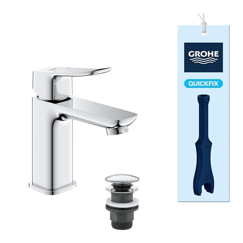 GROHE Dice Waschtischarmatur wassersparend (Wasserhahn für das Bad Badarmatur mit Push-Open Ablauf 15cm hoch mit 3in1 Werkzeug einfache Installation am Waschbecken) chrom 1018570000