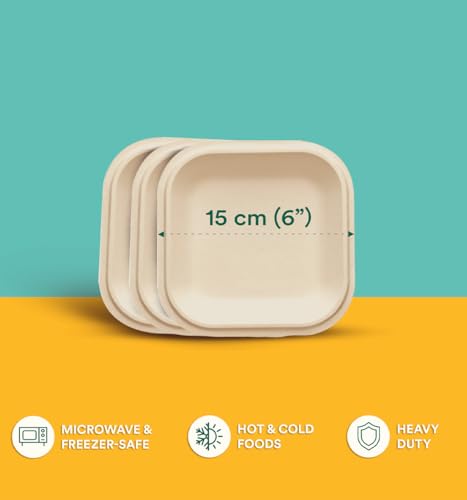 ECO SOUL | Disposable Bagasse Plates for Snacks | 6 inch - Pack of 50 | Small Eco-Friendly Disposable Plates for Snacks & Meals | Plastic-Free, Microwave Safe, Chemical-Free