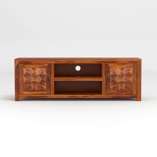 Image of Solid Sheesham Wood Entertainment TV Unit with 2 Door | Rosewood Tv Stand /TV Cabinet for Living Room | Bedroom | Wooden TV Panel with Shelf Stoarge | TV Table