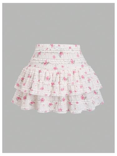 GORGLITTER Women's Flowy Floral Lace Trim Mini Skirt High Waisted Layered Ruffle Skirts2