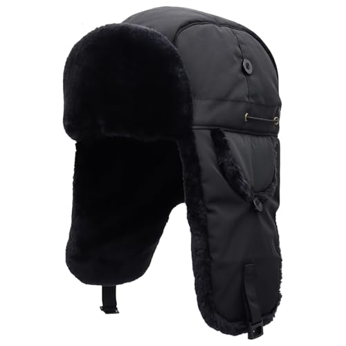 Reyox Unissexo gorro de aviador com orelhas, gorro inverno quente, chapéu de caçador de pele sintética, Preto 2