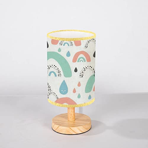 Minimalist Bedside Table Lamp Childish Seamless Rainbows Rain Drops Dots Creative Kids Texture For Wood Nightstand Lamp Bedside Desk Lamp Wood Base Flaxen Fabric Shade For Bedroom Living Room #TOP6