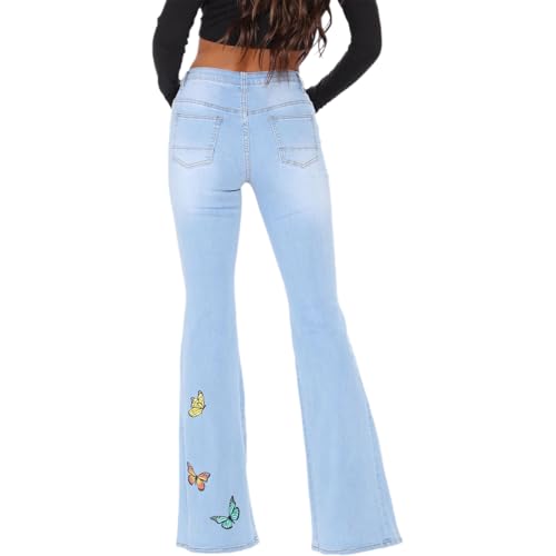 Women's Ripped Bell Bottom Jeans Butterfly Print High Waisted Stretchy Slim Wide Leg Denim Pants3