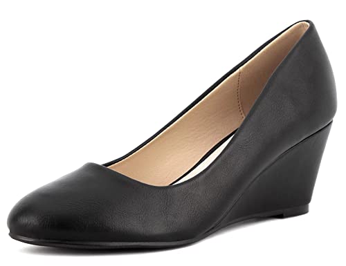 Greatonu Chaussures Femme à Talon Compensé avec Plateforme Chaussures à Talon Moyen Escarpins Femme à Enfiler Classiques et Confortables - Noir Vernis - 37 EU Cover