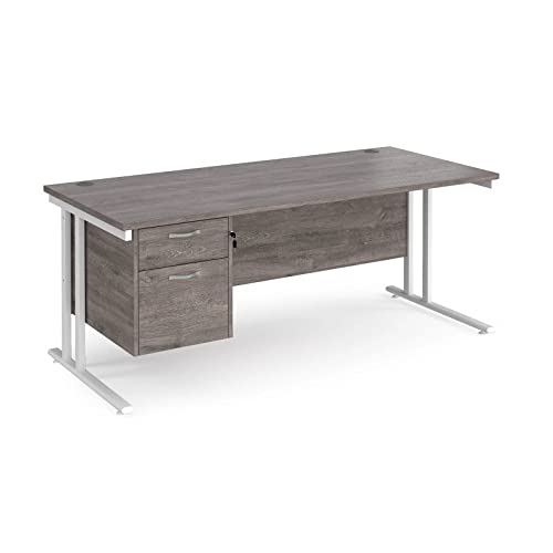 Maestro 25 Rectangle Desk 800 mm Deep with Single 2 Drawer Fixed Pedestal & White Cantilever Leg, Grey Oak, 180 cm