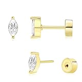 Juego de aretes de tuerca con parte trasera plana de circonita cúbica con forma de marquesa para mujer, chapados en oro de 14 quilates, hipoalergénicos, de acero quirúrgico sin rosca, parte trasera