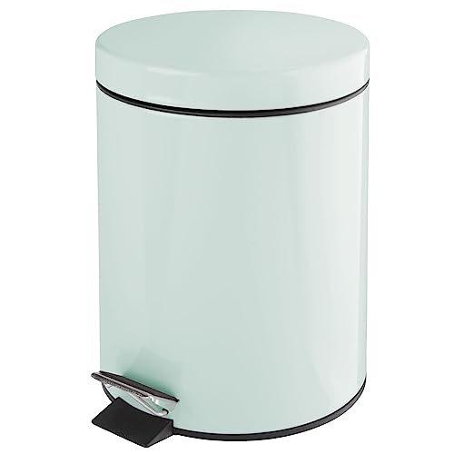 mDesign Small Modern 1.3 Gallon Round Metal Lidded Step Trash Can, Compact Garbage Bin with Removable Liner Bucket and Handle for Bathroom, Kitchen, Craft Room, Office, Garage - Mint Green, 5 liter