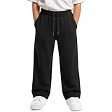 LessonZoo Boys Baggy Sweatpants Teens Straight Leg Open Bottom Pants Spring Lightweight Drawstring Trousers with Pockets(10-11 Years,Black)