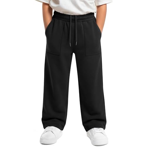 LessonZoo Boys Baggy Sweatpants Teens Straight Leg Open Bottom Pants Spring Lightweight Drawstring Trousers with Pockets(10-11 Years,Black)