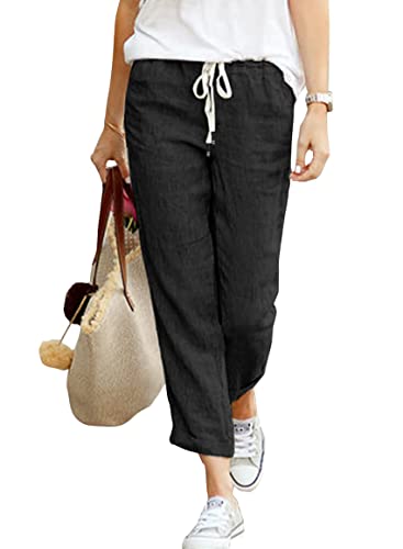 Hose Damen Leinen Sommerhose 7/8 Casual Leichte Baumwolle Leinenhose Stoffhose Bequeme Luftige Freizeithose Strandhose Mit Taschen (Schwarz, XL)