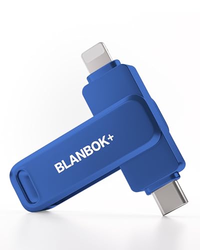 BLANBOK+ MFi Zertifizierter USB C Stick für iPhone 15, 3 in 1 Memory Stick, Externer Speicher für Lightning/iPhone/iPad/Android Handy/Laptop/PC (Saphirblau, 256, GB)