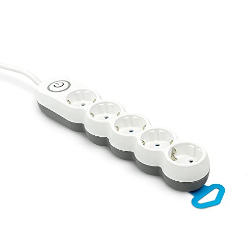 Garza - Base múltiple con 5 enchufes, Cable de 1.4 Metros, Enchufe Plano, con Interruptor, Protección Infantil, Blanco