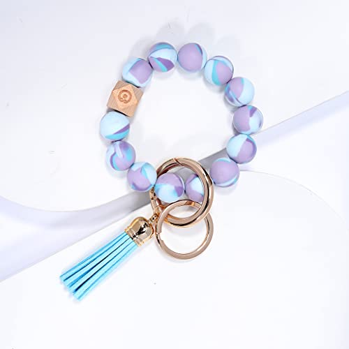 Coolcos Silicone Key Ring Bracelet For Women Portable Keychain Holder, Car Keychain Elastic Beaded Wristlet With Tassel (Blue & Orchid) #TOP3