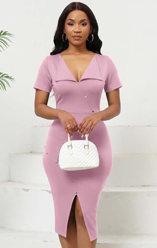 Image of Fooullaide Women's Sexy Bodycon Mid Dress Stretch Short Sleeve V Neck Cocktail Party Dresses