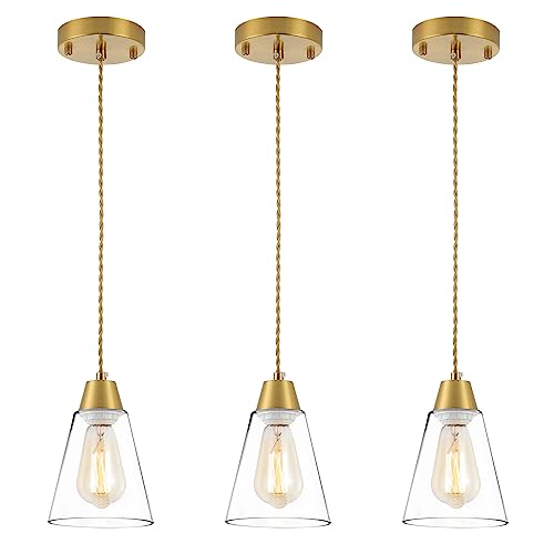 Image of MWZ Gold Pendant Light 3 Pack,Brass Pendant Lights Kitchen Island, Dining Room Lamp Fixtures Over Table with Clear Glass Shade, Modern Mini Chandeliers,Adjustable Cord Hanging Lighting for Sink