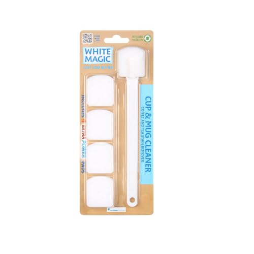White Magic Cup and Mug Cleaner – Eco-Friendly Stain Remover with 20cm Handle, Removes Tea & Coffee Stains Using Only Water, Includes 4 Refill Heads for Long-Lasting Clean Cups & Mugs