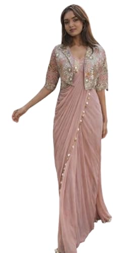 Women's Embellished, Embroidered Ready-to-Wear Crepe Silk Saree w...