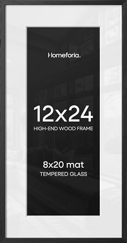 Image of Homeforia 12x24 Black Wood Picture Frame, High End Oak 12x24 Poster Frames with Mat 8x20 Photo, 12 x 24 Black Wooden Frames Matted to 8 by 20, 24x12 Panoramic Frame, Tempered Glass, Wall Kit, Set of 1