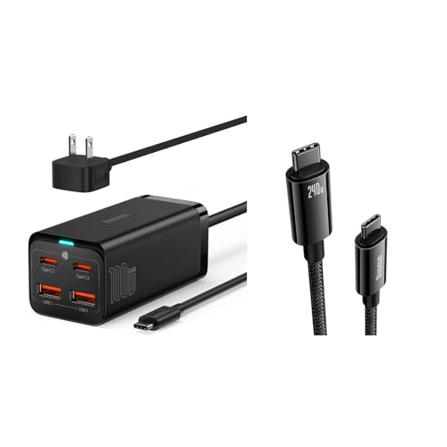 Baseus USB C Cable, 240W PD 3.1 5A Fast Charging USB C to USB C Charger Cable, 100W PD GaN3 Fast Wall Charger Block, 4-Ports [2USB-C + 2USB] Charging Station with 5ft AC Cable for Steam Deck, MacBook