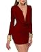 VANCOL Women's Deep V-Neck Short Dress Sexy Long-Sleeve Fitted Maxi Dress Red