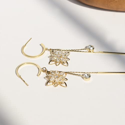 Sonateomber Lotus Flower Open C Hoop Drop Dangle Gold Tassel Earrings For Women Girls - Sparkly Marquise Crystal Cubic Zirconia Long Chain Bar Dangling Jewelry Gift #TOP5