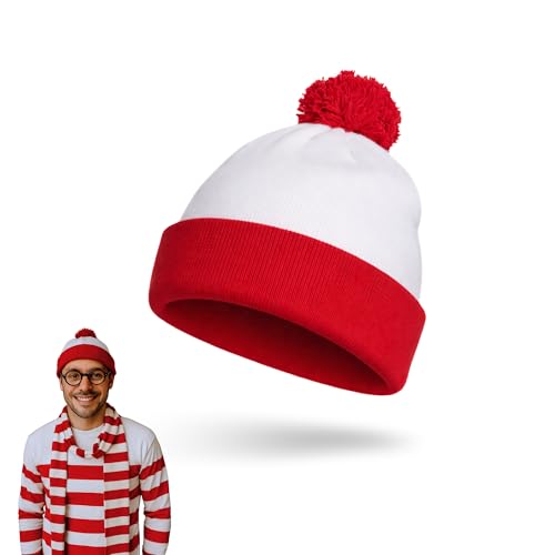 Wheres Waldo Hat Fun & Trendy Wheres Waldo Costume Beanie with Pom Red and White Hat Costume Wear for Christmas & Halloween Free Size Novelty Red and White Beanie Adult for Men & Women Party Events