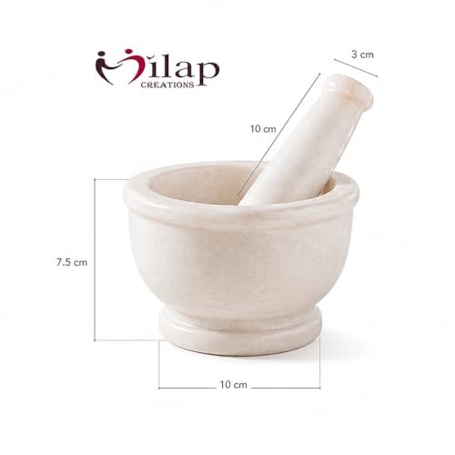 Image of Marble Mortar and Pestle Set Stone, Khalbatta, Imamdasta, Kharal, Kundi, Okhli, Musal, Mixer, Silbatta Kitchen tool for Grinding Ingredients (White, 4 * 3 Inch)