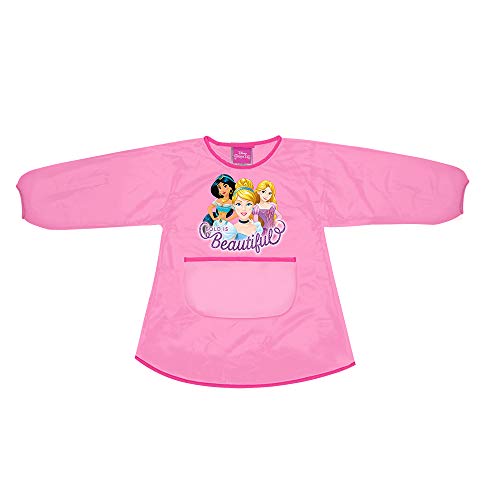 PERLETTI Delantal Infantil Princesas Disney - Bata Escolar Niña Impermeable con Bolsillo Mangas - Mantener la Ropa Limpia Seca - Rosa Ribete Fucsia - Estampado Cenicienta Rapunzel Jasmine - 3-5 Años