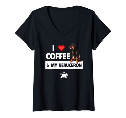 Mujer Cafeína I Love Coffee and My Beauceron Herding Dog Mom Dad Camiseta Cuello V