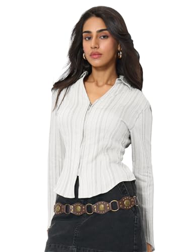 Image of The Souled Store Zipper Shirt: Women and Girls Full Sleeves Round Neck Textured Viscose Blend Slim Fit Lightweight Breathable Smart Casual Shirt for Everyday Summer Wear