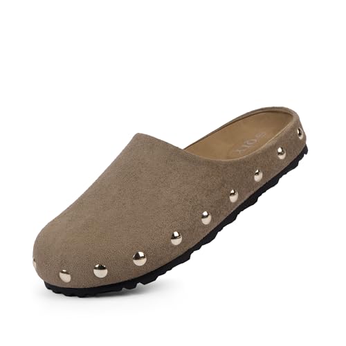 QIY Womens Faux Suede Clogs Slip on Studded Mules Comfortable Footbed Mule Taupe Potato Shoes for Women Size 7 by QIY - Used condition - Image 4