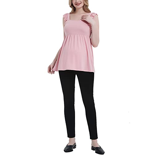 Debelly Women Maternity Peplum Blouse Square Neck Ruffle Trimmed Tank Tops Pregnancy Babydoll Shirt Mama Summer Basic Tee Soft Lovely,Pink,L #TOP3