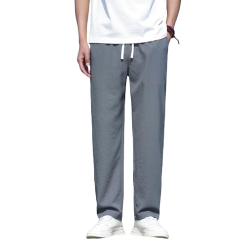 Men's Summer Chinese Style Thin Ice Silk Drape Simple Loose Straight Cotton Linen Casual Pants
