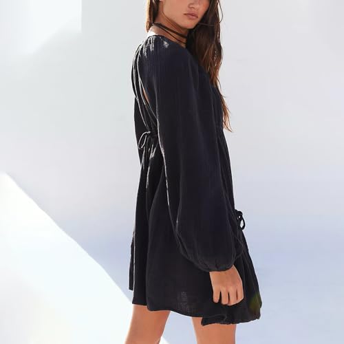 Image of Shiyifa Women's Summer Mini Dress Casual Square Neck Long Sleeves Loose Sundress with Pockets