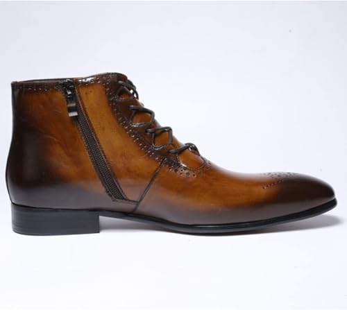 Men's Classic Handmade Genuine Cowhide Ankle Boots Pointed Toe Formal Shoes Side Zip Lace Up Business Boots,Brown,9.5 UK