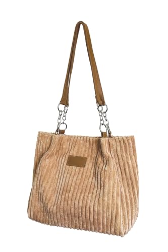 Ulisty Bolsa feminina de veludo cotelê - Bolsa de ombro casual para compras diárias e moda, Caqui, One Size