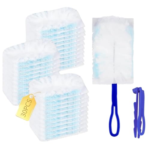 Staubwedel Nachfüllpackungen Set, 30 Stück + 2 Griff, Kompatibel mit Swiffer, Mikrofaser-Staubmagnet für Haus, Büro & Auto, Disposable Dust Remover gegen Tierhaare & Schmutz (30, Einseitig)