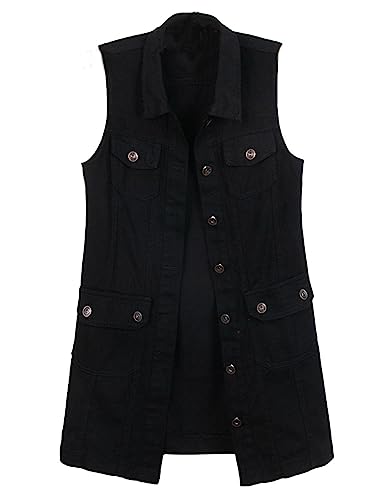 HALITOSS Women Button Down Mid Long Denim Jean Vest Waistcoat Sleeveless Jacket