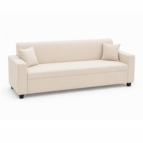 Image of FURNY QualityWood 3 Seater + 1 Seater + 1 Seater Fabric Sofa Set (Cream) with Velvet Finish | Durable Comfort | Ideal for Living Room