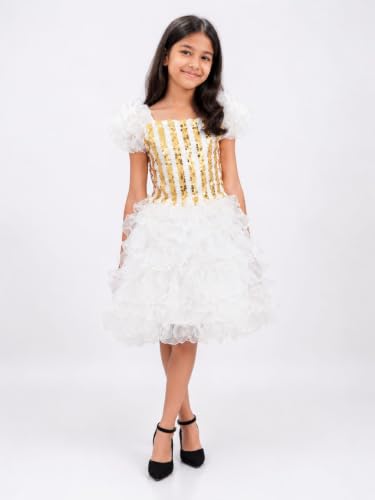 Image of BookMyCostume White & Golden Sequin Western Dance Costume for Girls | Stylish Top with Frill Sleeves & White Fluffy Skirt | Annual Western Dance Costume for Kids | 10-12 Years