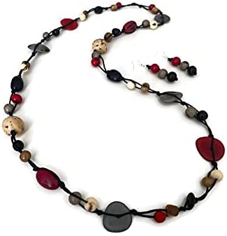 Long tagua necklace and earrings in red, black, gray TAG541, adjustable length organic tagua nut jewelry