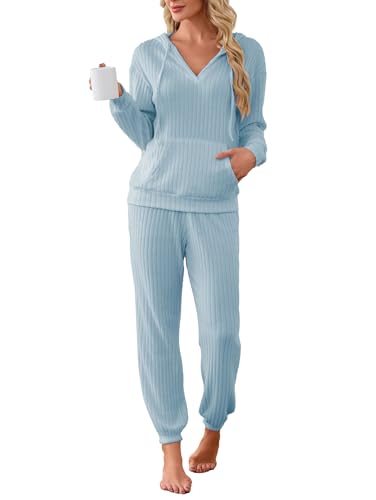 Image of Famulily 2 Pieces Ribbed Knit Outfits Drawstring Hoodies Jogger Pants Matching Pajama Sets with Pockets
