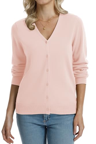 Image of QUALFORT Women's 100% Cotton Lightweight Cardigans Long Sleeve Knitted Button Down Sweater