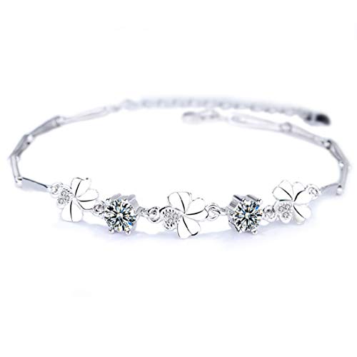 Rockyu ブレスレッ ト レディース 人気 シルバー クローバーブレスレット シンプル ジルコニア キラキラ ダイヤ腕輪 仕上げ シルバー925 純銀ブレスレット 肌に優しい アレルギー