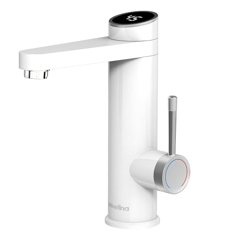Briwellna Electric Instant Hot Water Heater Faucet Bathroom, Tankless Electric Taps Heating Water, 120 Degree Rotatable with Digital Display for Home Indoor (White)