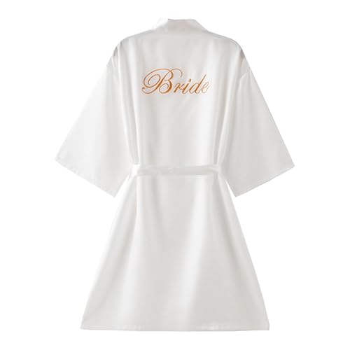 Ieron Elegante Bata de Satén para Novia con Cuello en V para Fiestas de Bodas, Pijamas de Seda para Novias, Blanco, L