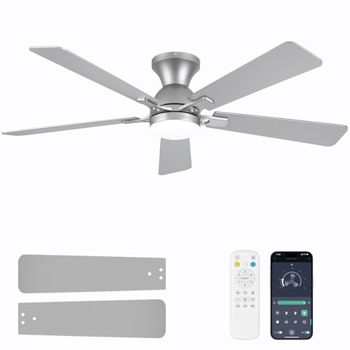 Dolavast Ceiling Fans with Lights, 52 Inch Low Profile Ceiling Fan with Light and Remote Control, Flush Mount, Reversible, 3CCT, Dimmable LED, Quiet, Nickel Ceiling Fan for Bedroom, Living Room