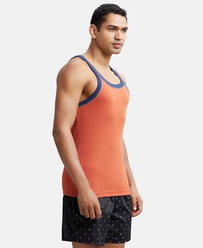 Image of Jockey US54 Men's Super Combed Cotton Rib Square Neckline Gym Vest with Back Panel Graphic Print (Shoulder Starp Color May Vary)