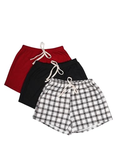 Image of WDIRARA Women's 3 Pack Plaid Letter Graphic Pajama Shorts Lounge Shorts | Elastic Waist ,Comfortable,Home Living,Sleepwear